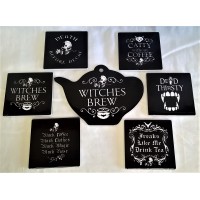 ALCHEMY GOTHIC DESIGNS CERAMIC TEAPOT STAND & COASTERS SET – WITCHES BREW